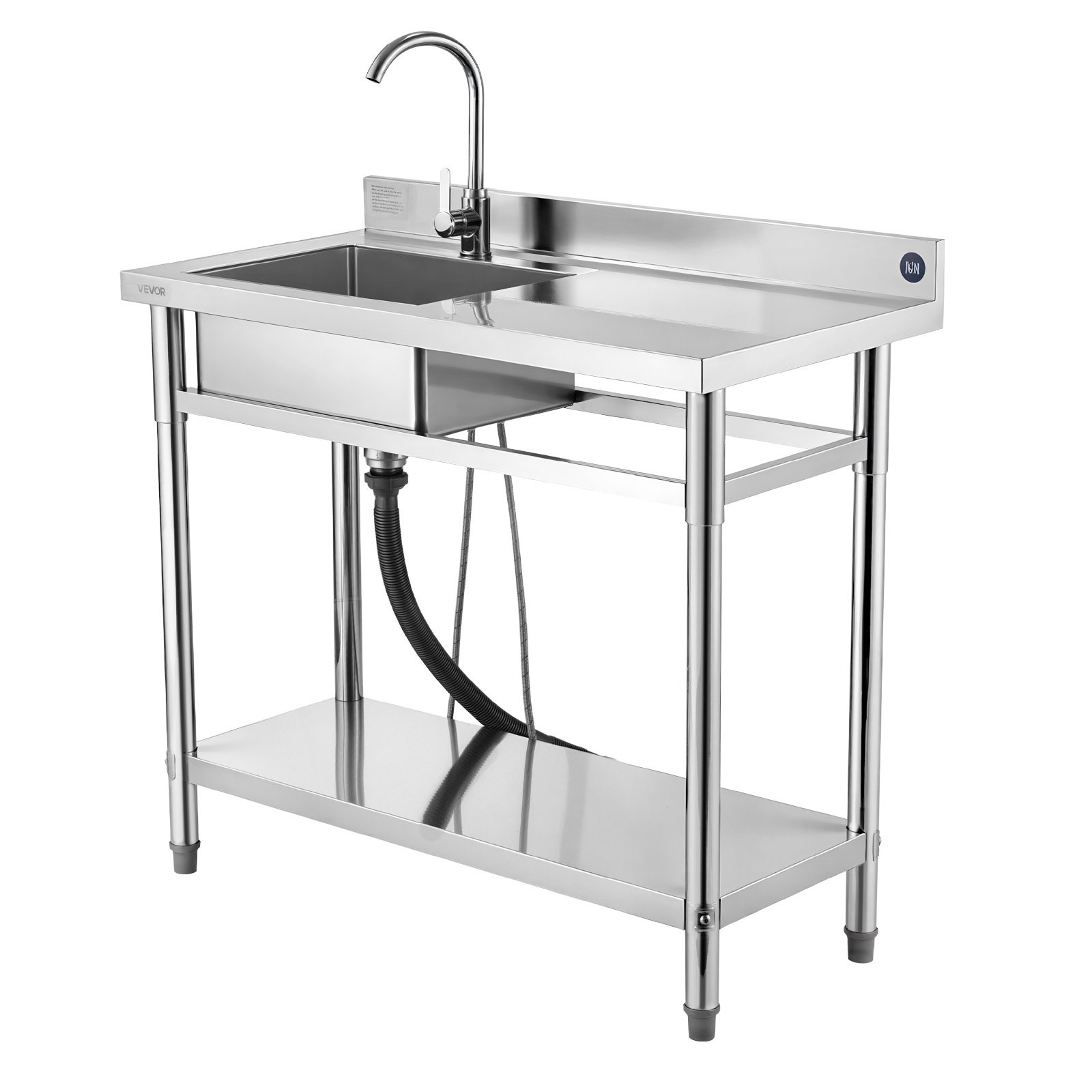 VEVOR Stainless Steel Utility Sink, Free Standing Single Bowl Commercial Kitchen Sink with Faucet, 39.4 x 19.7 x 37 in, Utility Right Basin with Hot & Cold Water Pipe for Garage, Restaurant, Laundry