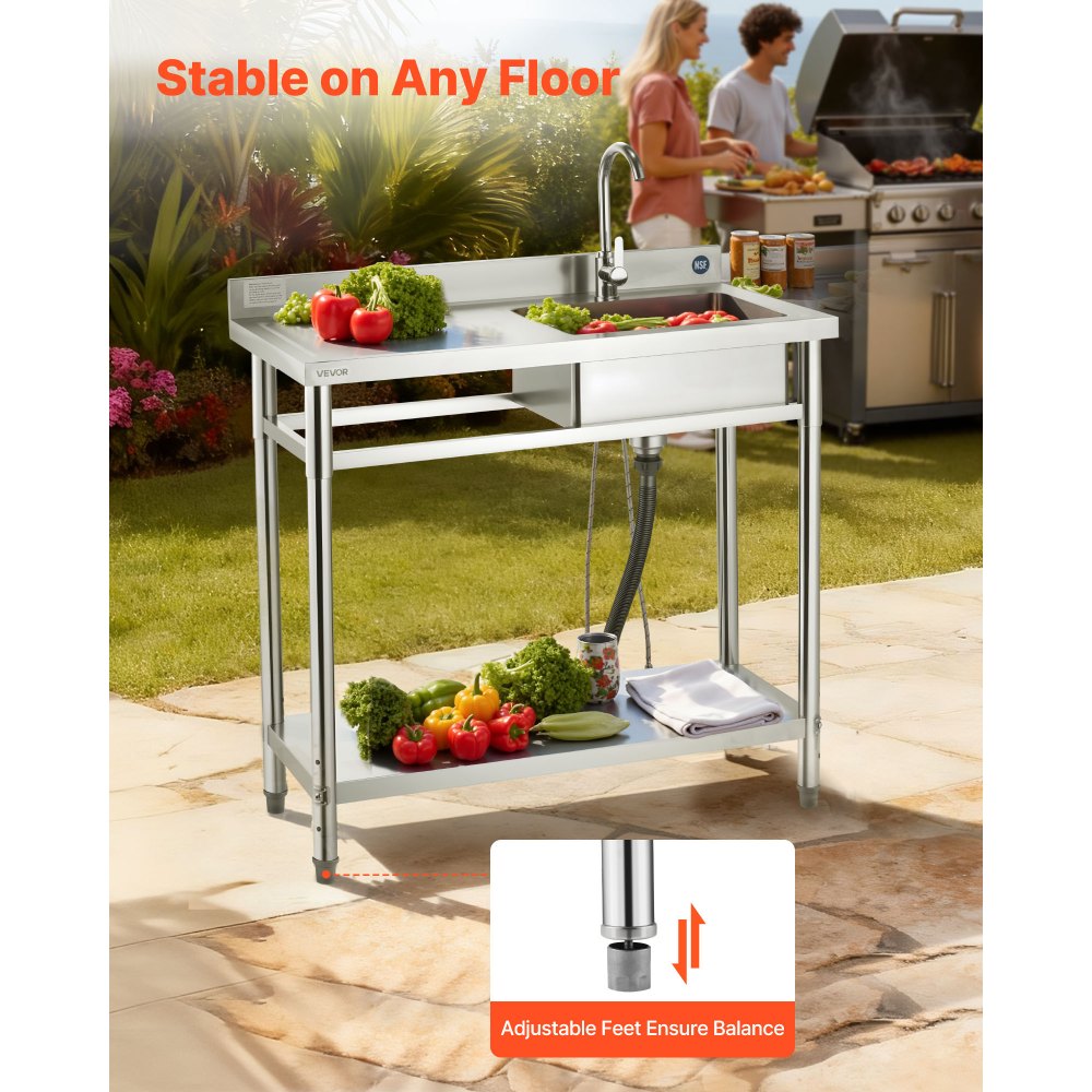 VEVOR Stainless Steel Utility Sink, Free Standing Single Bowl Commercial Kitchen Sink with Faucet, 1000 x 500 x 940 mm, Utility Left Basin with Hot & Cold Water Pipe for Garage, Restaurant, Laundry