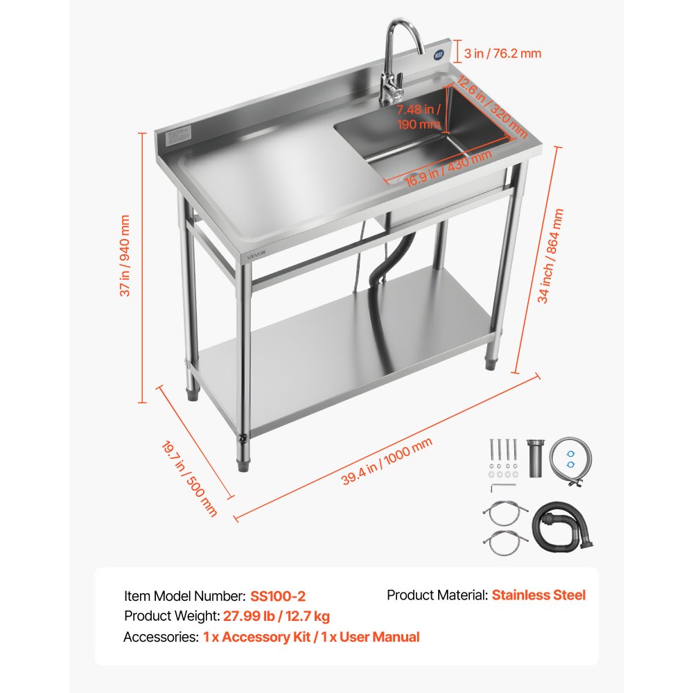 VEVOR Stainless Steel Utility Sink, Free Standing Single Bowl Commercial Kitchen Sink with Faucet, 1000 x 500 x 940 mm, Utility Left Basin with Hot & Cold Water Pipe for Garage, Restaurant, Laundry