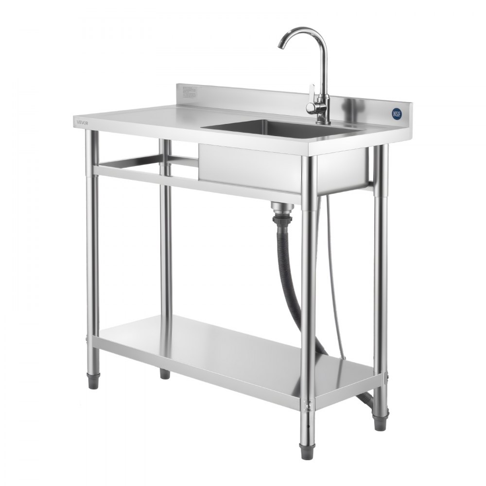 VEVOR Stainless Steel Utility Sink, Free Standing Single Bowl Commercial Kitchen Sink with Faucet, 1000 x 500 x 940 mm, Utility Left Basin with Hot & Cold Water Pipe for Garage, Restaurant, Laundry