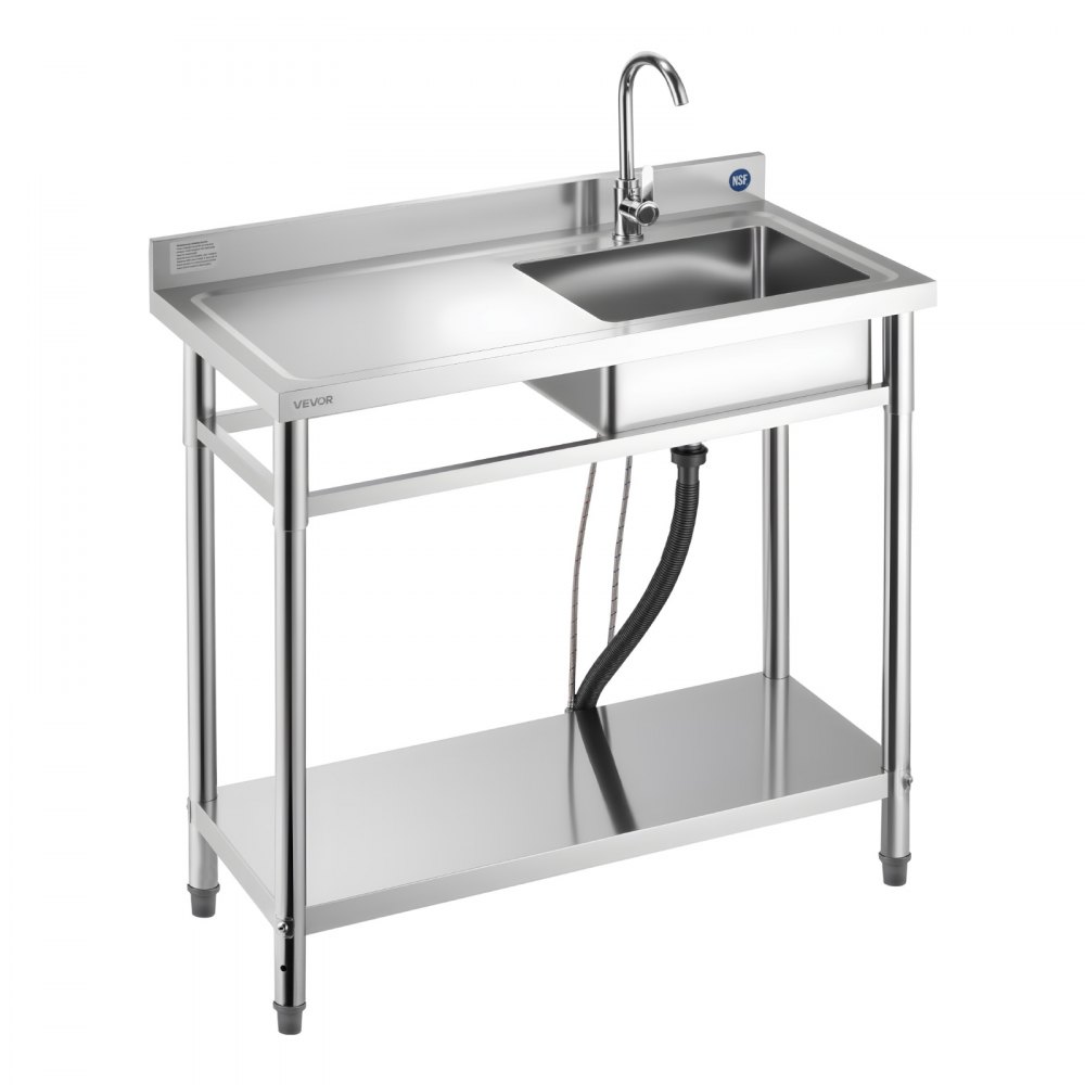 VEVOR Stainless Steel Utility Sink, Free Standing Single Bowl Commercial Kitchen Sink with Faucet, 39.4 x 19.7 x 37 in, Utility Left Basin with Hot & Cold Water Pipe for Garage, Restaurant, Laundry