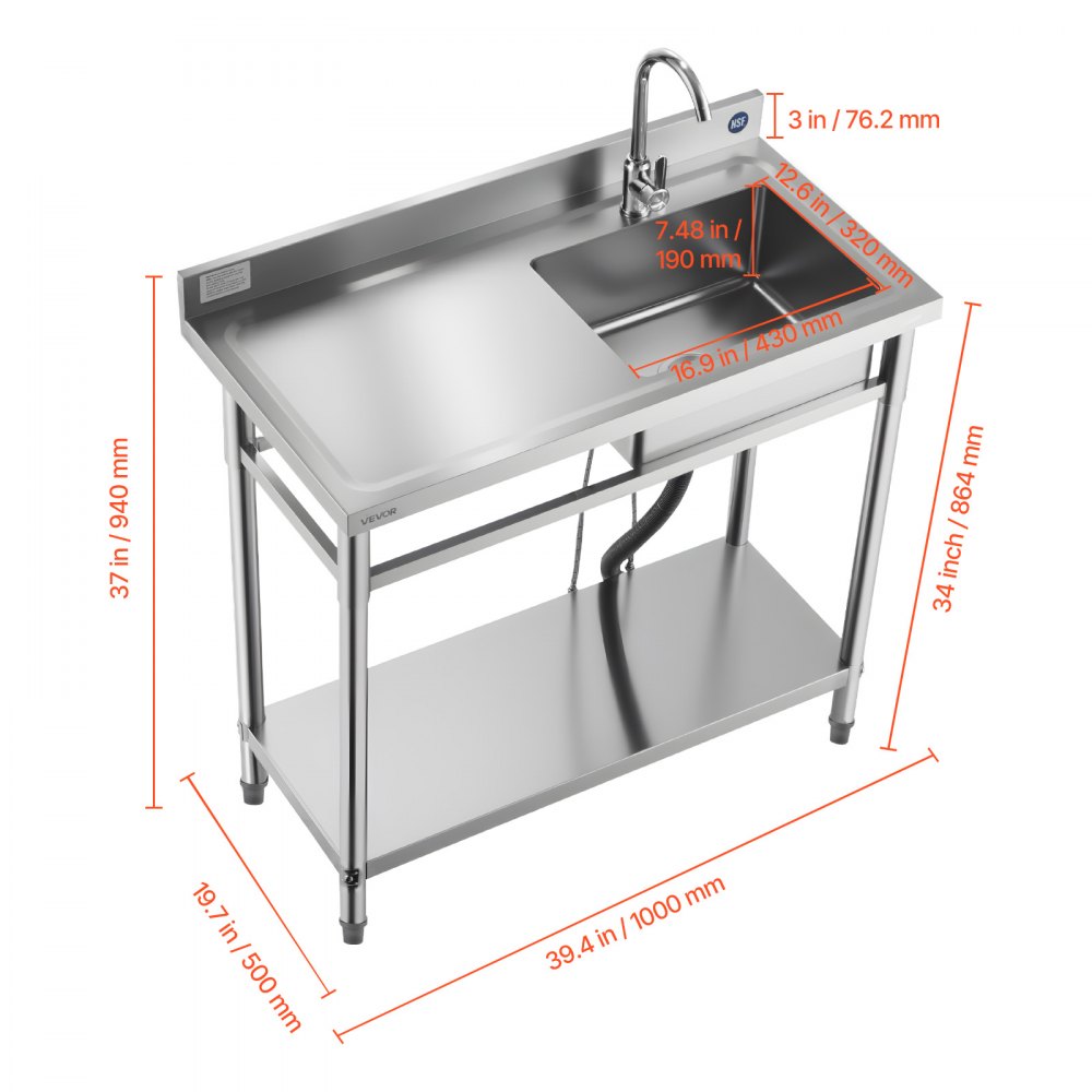 VEVOR Stainless Steel Utility Sink, Free Standing Single Bowl Commercial Kitchen Sink with Faucet, 39.4 x 19.7 x 37 in, Utility Left Basin with Hot & Cold Water Pipe for Garage, Restaurant, Laundry