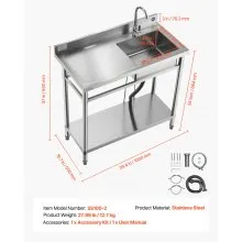 VEVOR Stainless Steel Utility Sink, Free Standing Single Bowl Commercial Kitchen Sink with Faucet, 39.4 x 19.7 x 37 in, Utility Left Basin with Hot & Cold Water Pipe for Garage, Restaurant, Laundry