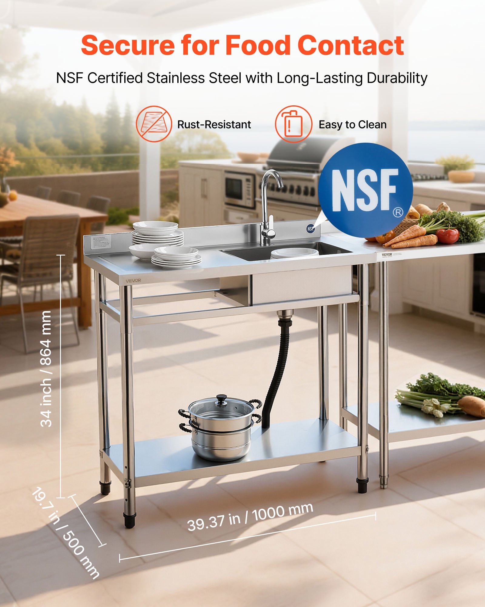 VEVOR Stainless Steel Utility Sink, Free Standing Single Bowl Commercial Kitchen Sink with Faucet, 1000 x 500 x 940 mm, Utility Left Basin with Hot & Cold Water Pipe for Garage, Restaurant, Laundry