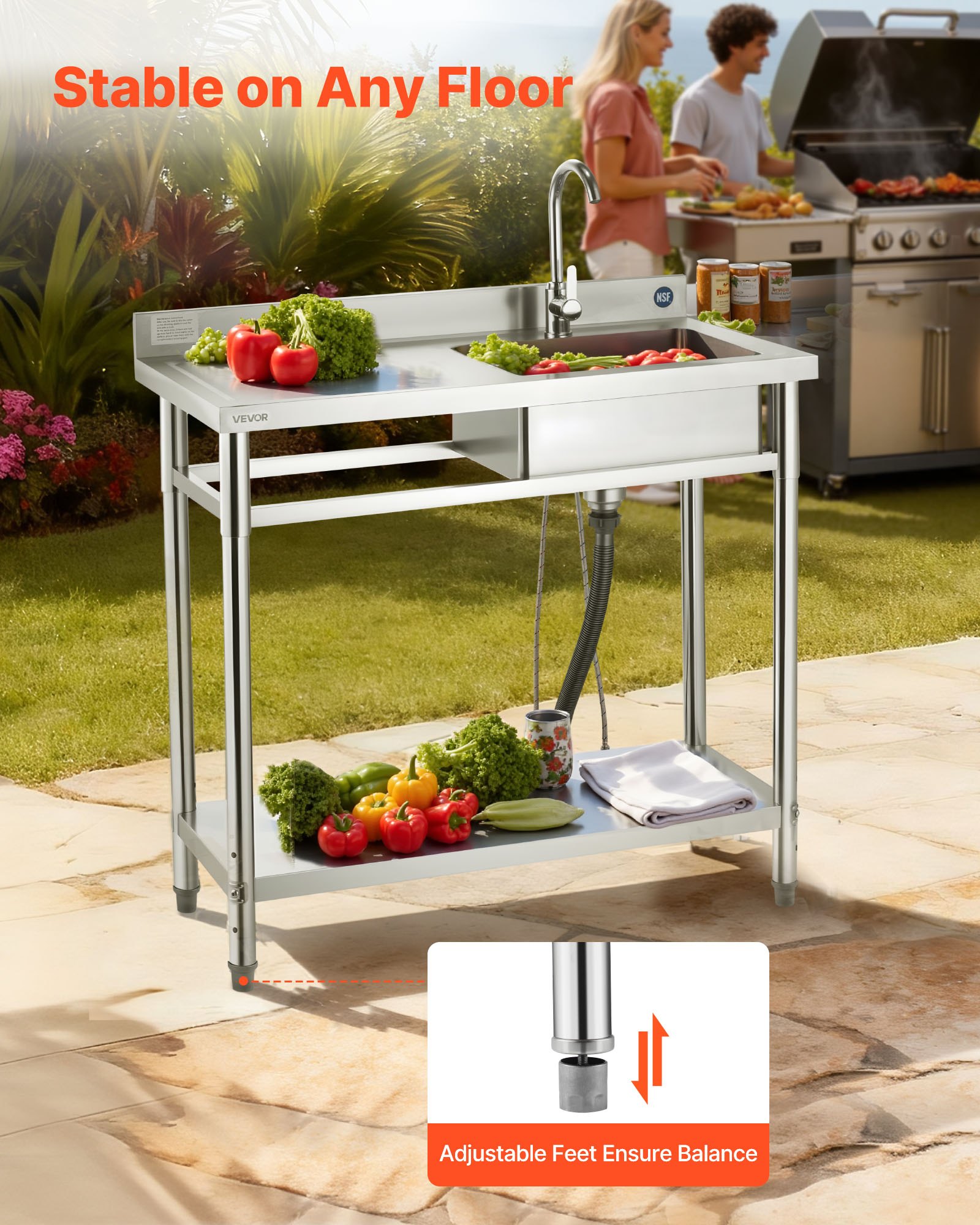 VEVOR Stainless Steel Utility Sink, Free Standing Single Bowl Commercial Kitchen Sink with Faucet, 1000 x 500 x 940 mm, Utility Left Basin with Hot & Cold Water Pipe for Garage, Restaurant, Laundry