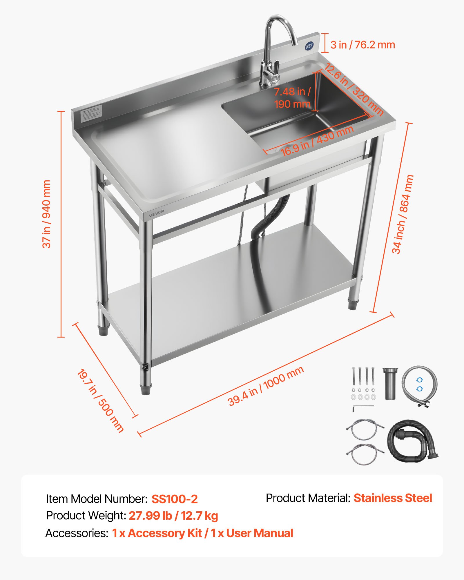 VEVOR Stainless Steel Utility Sink, Free Standing Single Bowl Commercial Kitchen Sink with Faucet, 1000 x 500 x 940 mm, Utility Left Basin with Hot & Cold Water Pipe for Garage, Restaurant, Laundry