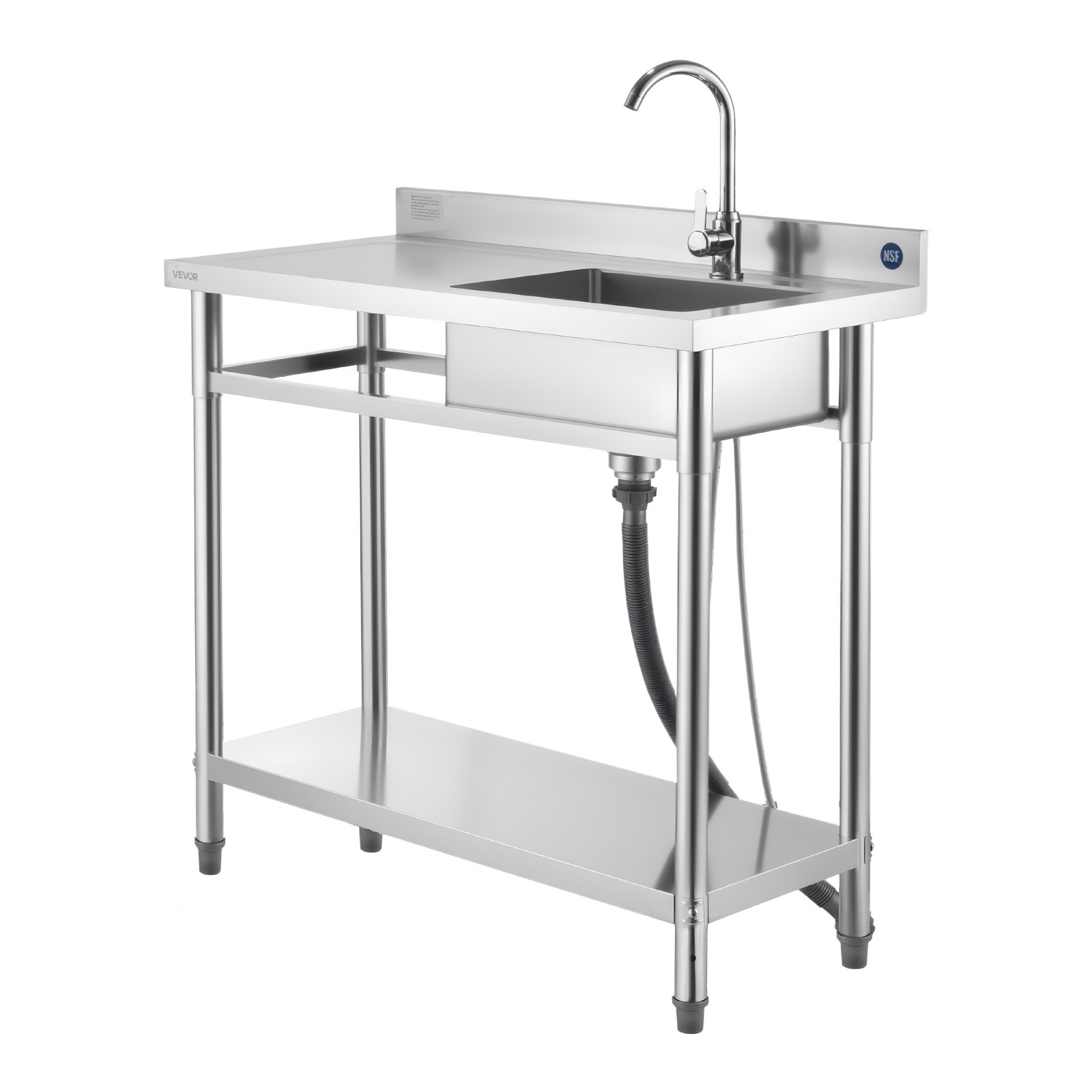 VEVOR Stainless Steel Utility Sink, Free Standing Single Bowl Commercial Kitchen Sink with Faucet, 1000 x 500 x 940 mm, Utility Left Basin with Hot & Cold Water Pipe for Garage, Restaurant, Laundry