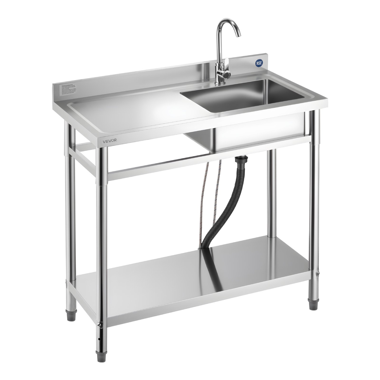 VEVOR Stainless Steel Utility Sink, Free Standing Single Bowl Commercial Kitchen Sink with Faucet, 39.4 x 19.7 x 37 in, Utility Left Basin with Hot & Cold Water Pipe for Garage, Restaurant, Laundry