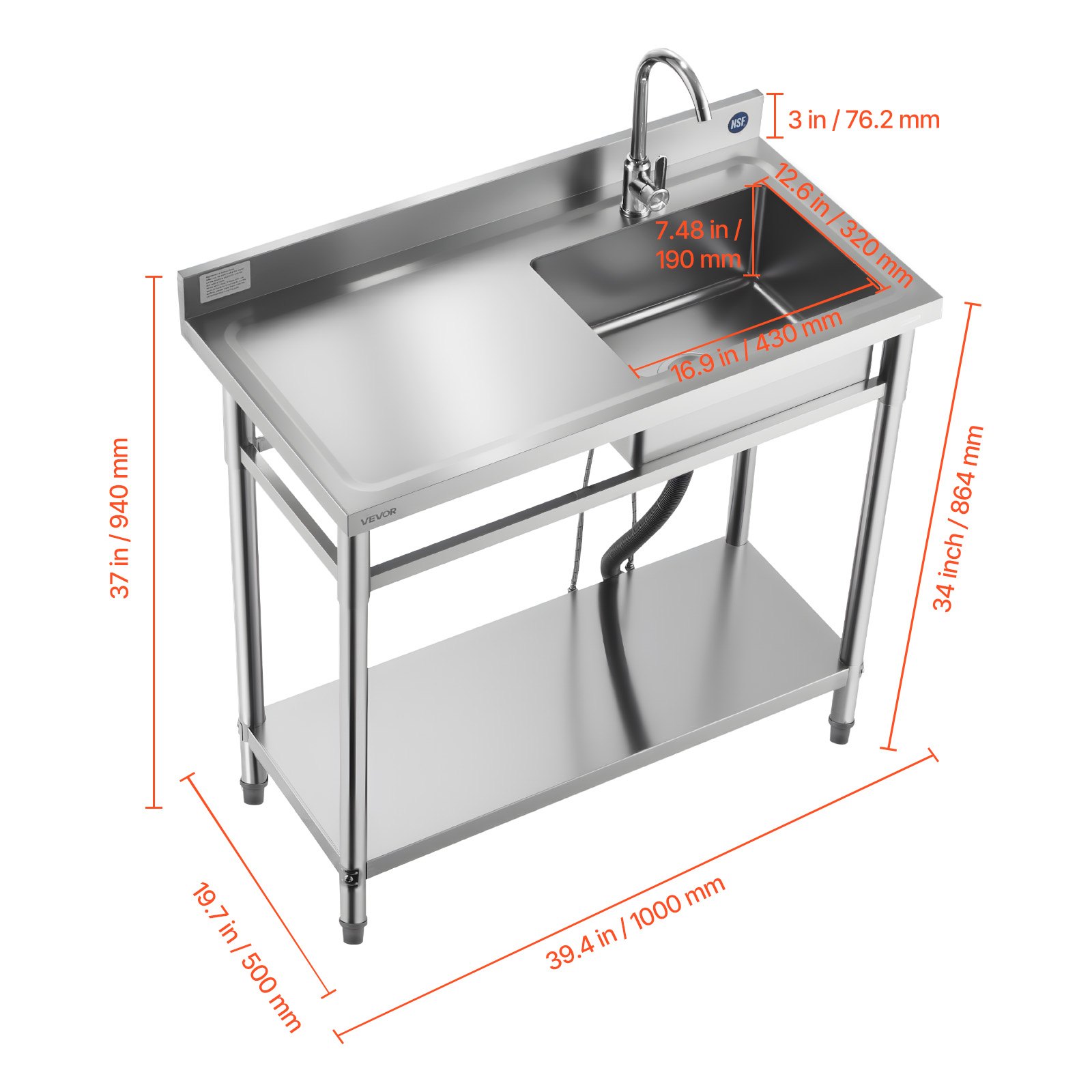 VEVOR Stainless Steel Utility Sink, Free Standing Single Bowl Commercial Kitchen Sink with Faucet, 39.4 x 19.7 x 37 in, Utility Left Basin with Hot & Cold Water Pipe for Garage, Restaurant, Laundry