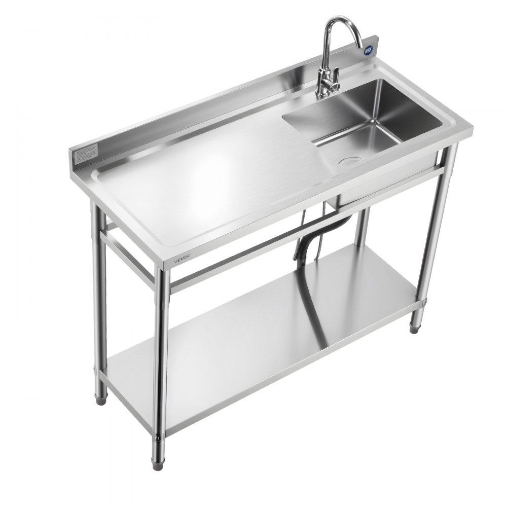 VEVOR Stainless Steel Utility Sink, Free Standing Single Bowl Commercial Kitchen Sink with Faucet, Utility Left Basin Workbench with Hot & Cold Water Pipe for Garage Restaurant Laundry, 47x19.7x37 in