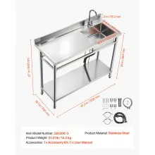 VEVOR Stainless Steel Utility Sink, Free Standing Single Bowl Commercial Kitchen Sink with Faucet, Utility Left Basin Workbench with Hot & Cold Water Pipe for Garage Restaurant Laundry, 47x19.7x37 in