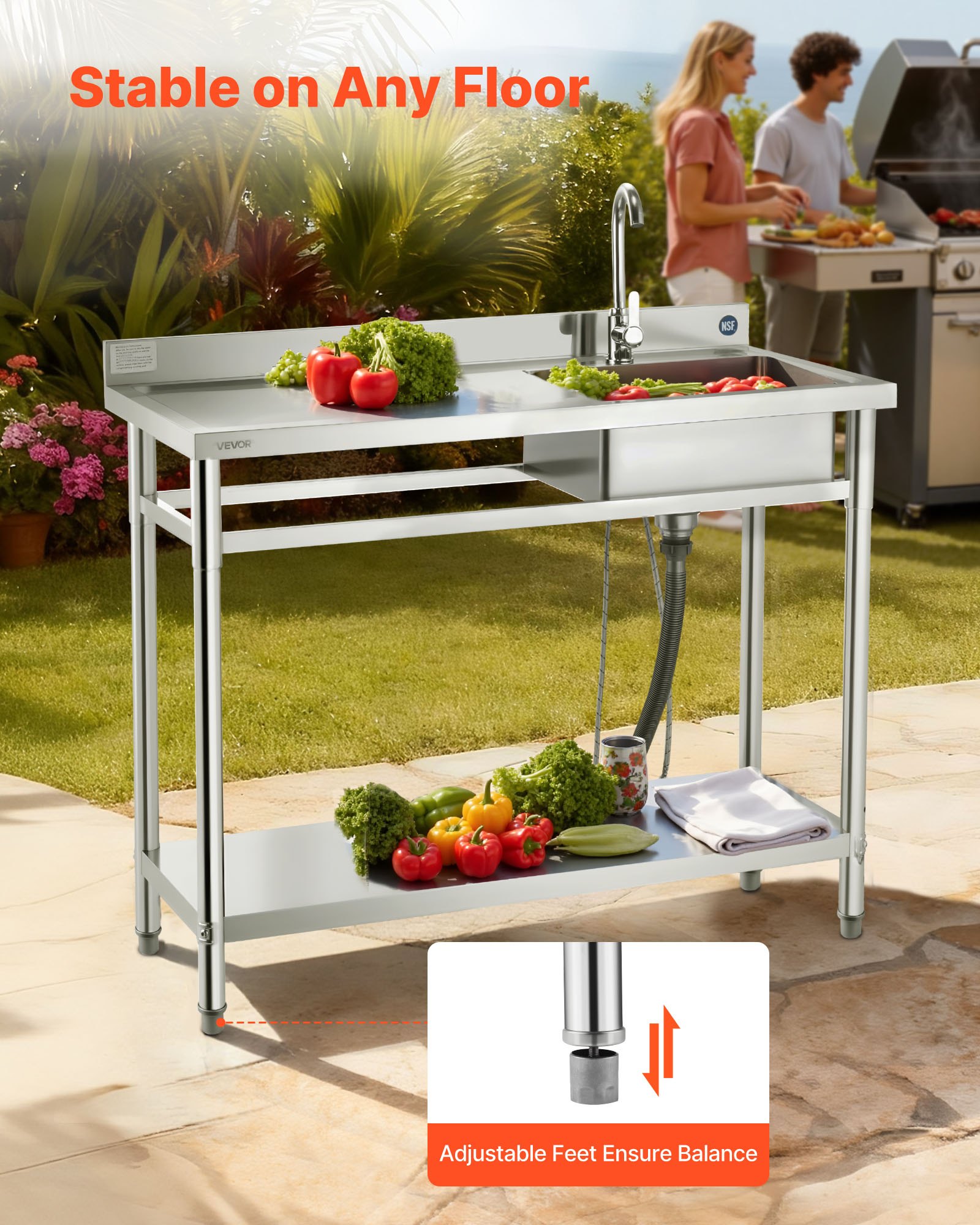 VEVOR Stainless Steel Utility Sink, Free Standing Single Bowl Commercial Kitchen Sink with Faucet, Utility Left Basin Workbench with Hot & Cold Water Pipe for Garage Restaurant Laundry, 47x19.7x37 in