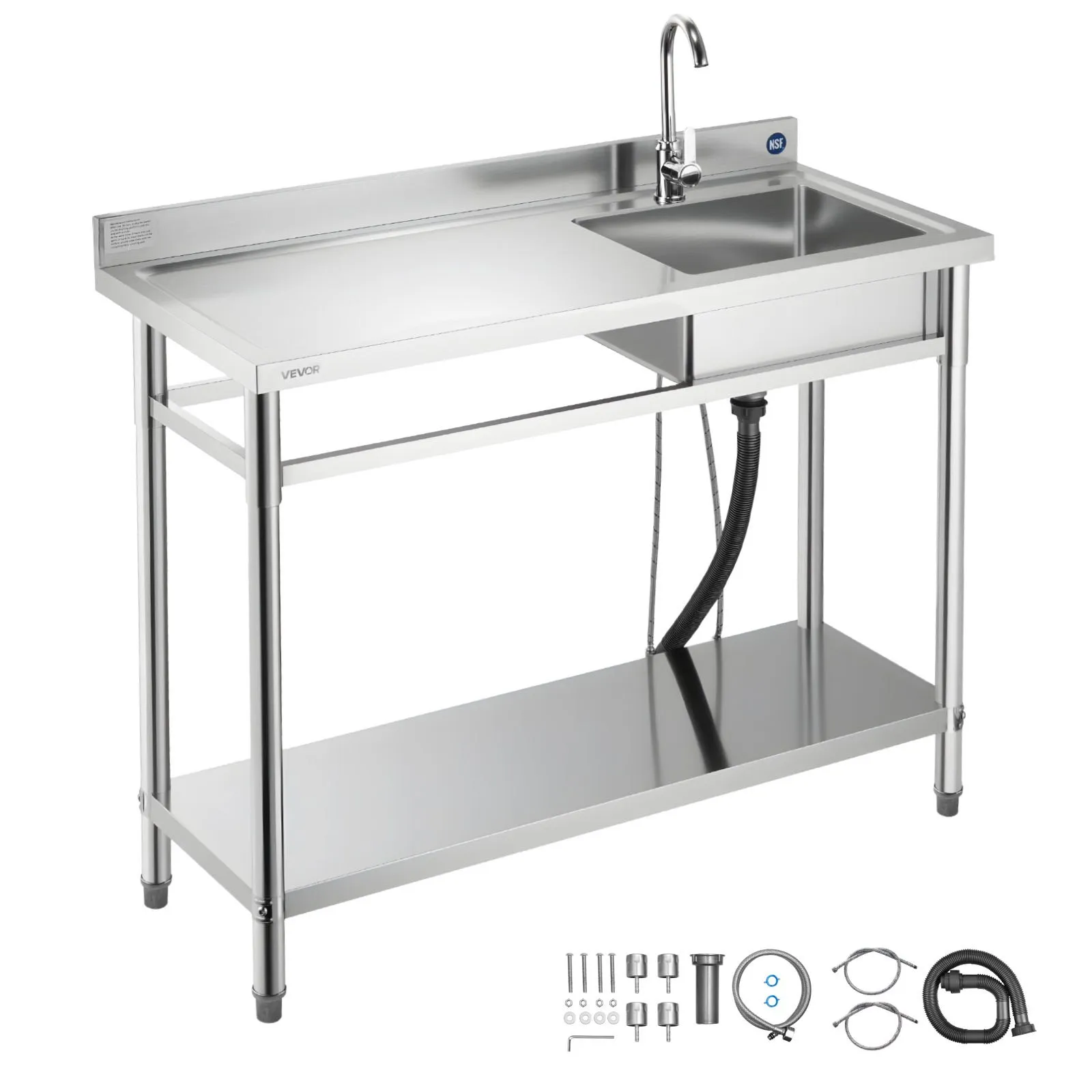 VEVOR Stainless Steel Utility Sink, Free Standing Single Bowl Commercial Kitchen Sink with Faucet, Utility Left Basin Workbench with Hot & Cold Water Pipe for Garage Restaurant Laundry, 47x19.7x37 in