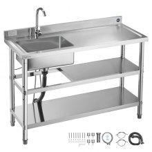VEVOR Stainless Steel Utility Sink, Free Standing Single Bowl Commercial Kitchen Sink with Faucet and Hot & Cold Water Pipe, Dual Storage Shelves for Garage, Restaurant, Laundry, 47.2 x 19.7 x 37 in