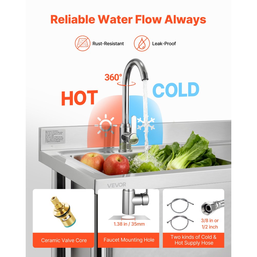 VEVOR Stainless Steel Utility Sink, Free Standing Single Bowl Commercial Kitchen Sink with Faucet, Utility Right Basin Workbench with Hot & Cold Water Pipe for Garage Restaurant Laundry, 47x19.7x37 in