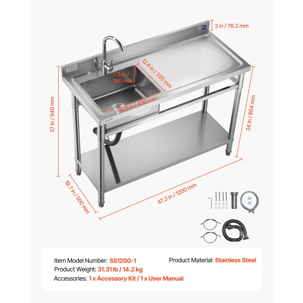 VEVOR Stainless Steel Utility Sink, Free Standing Single Bowl Commercial Kitchen Sink with Faucet, Utility Right Basin Workbench with Hot & Cold Water Pipe for Garage Restaurant Laundry, 47x19.7x37 in