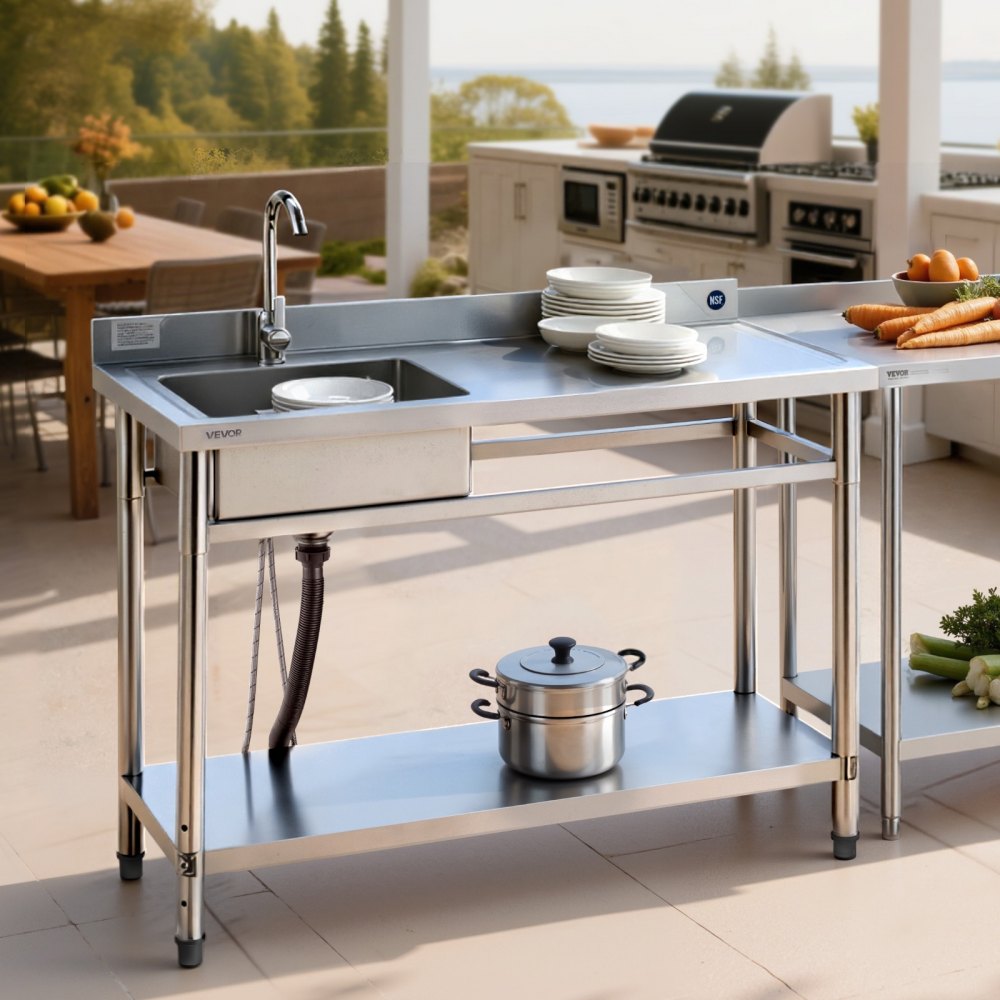 VEVOR Stainless Steel Utility Sink, Free Standing Single Bowl Commercial Kitchen Sink with Faucet, Utility Right Basin Workbench with Hot & Cold Water Pipe for Garage Restaurant Laundry, 47x19.7x37 in