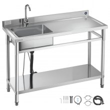 VEVOR Stainless Steel Utility Sink, Free Standing Single Bowl Commercial Kitchen Sink with Faucet, Utility Right Basin Workbench with Hot & Cold Water Pipe for Garage Restaurant Laundry, 47x19.7x37 in