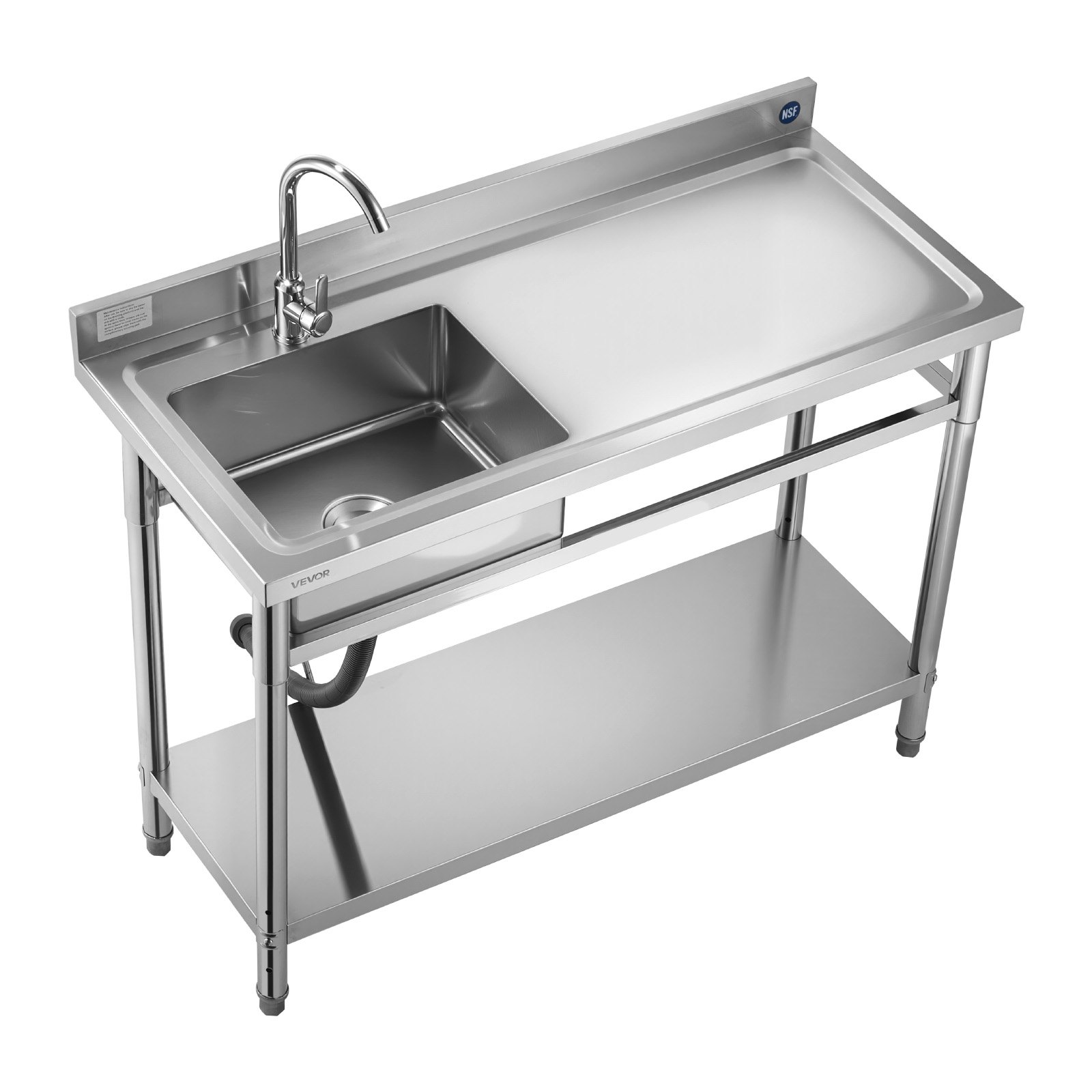 VEVOR Stainless Steel Utility Sink, Free Standing Single Bowl Commercial Kitchen Sink with Faucet, Utility Right Basin Workbench with Hot & Cold Water Pipe for Garage Restaurant Laundry, 47x19.7x37 in