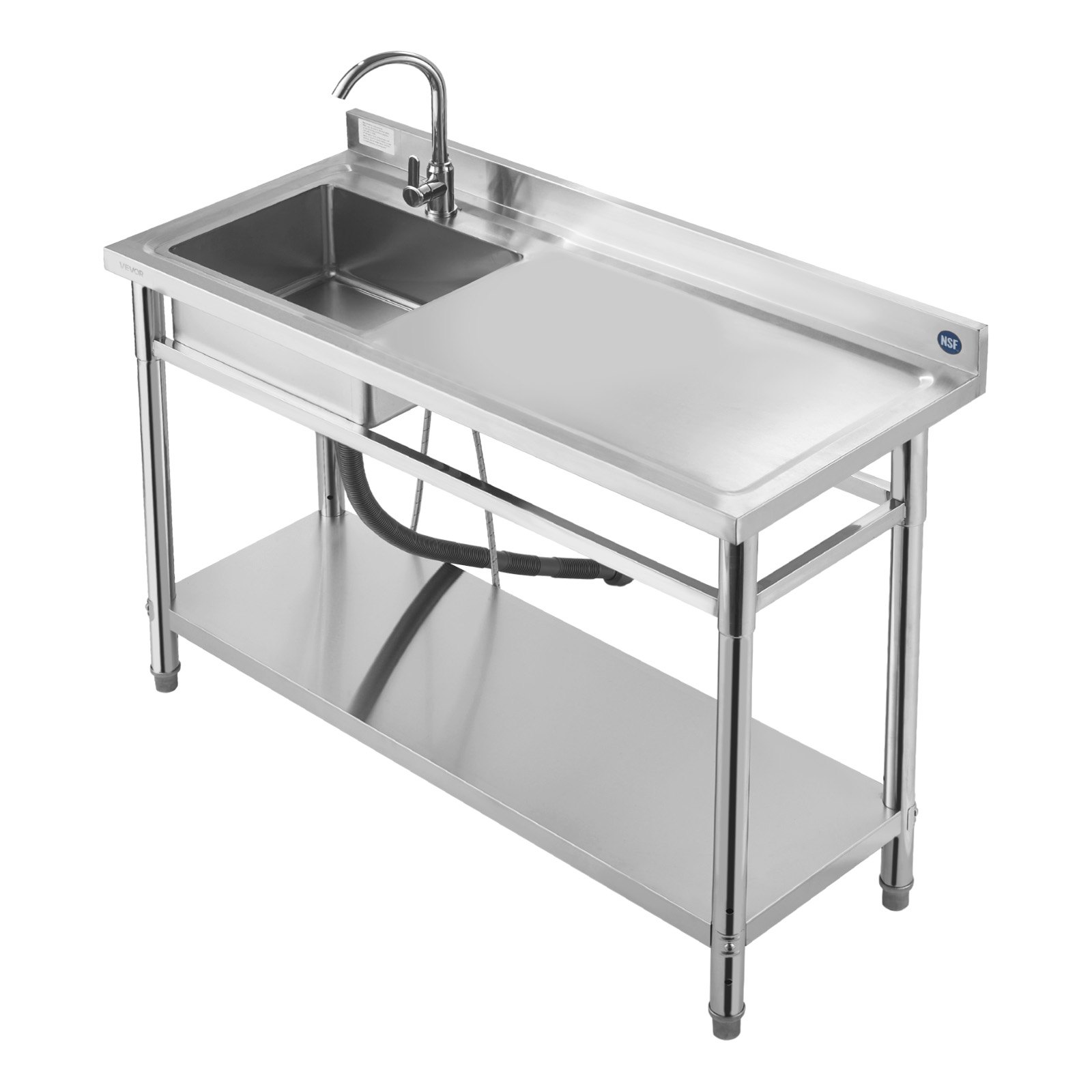 VEVOR Stainless Steel Utility Sink, Free Standing Single Bowl Commercial Kitchen Sink with Faucet, Utility Right Basin Workbench with Hot & Cold Water Pipe for Garage Restaurant Laundry, 47x19.7x37 in