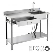 VEVOR Stainless Steel Utility Sink, Rolling Single Bowl Commercial Kitchen Sink with Drawer, Faucet and Hot & Cold Water Pipe, Utility Basin for Garage, Restaurant, Laundry, 47.2 x 19.7 x 37 in