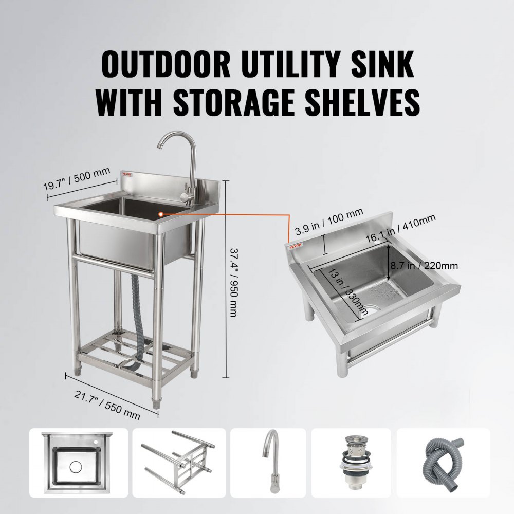VEVOR Stainless Steel Utility Sink, 1 Compartment Free Standing Small Sink Include Faucet & legs, 16 x 13 x 8.7 in Commercial Single Bowl Sinks for Garage, Restaurant, Kitchen, Laundry