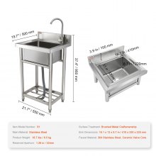 VEVOR Stainless Steel Utility Sink, 1 Compartment Free Standing Small Sink Include Faucet & legs, 16 x 13 x 8.7 in Commercial Single Bowl Sinks for Garage, Restaurant, Kitchen, Laundry