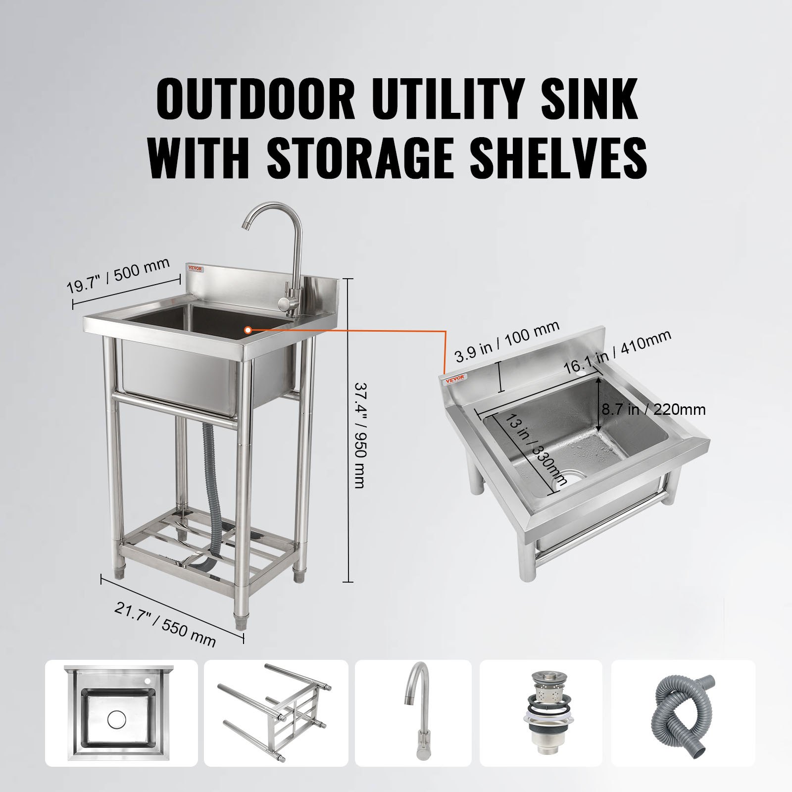 VEVOR Stainless Steel Utility Sink, 1 Compartment Free Standing Small Sink Include Faucet & legs, 16 x 13 x 8.7 in Commercial Single Bowl Sinks for Garage, Restaurant, Kitchen, Laundry