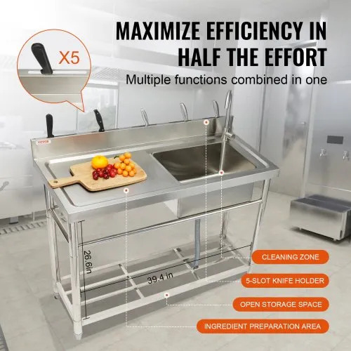thumbnail image 2 of Stainless Steel Utility Sink Workbench Free Standing Single Bowl Kitchen Sink Commercial Restaurant Washing Sink With 2 of 13