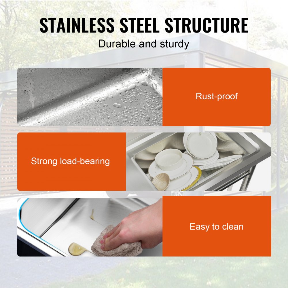 VEVOR commercial kitchen sink stainless steel structure, rust-proof, strong load-bearing, easy to clean.