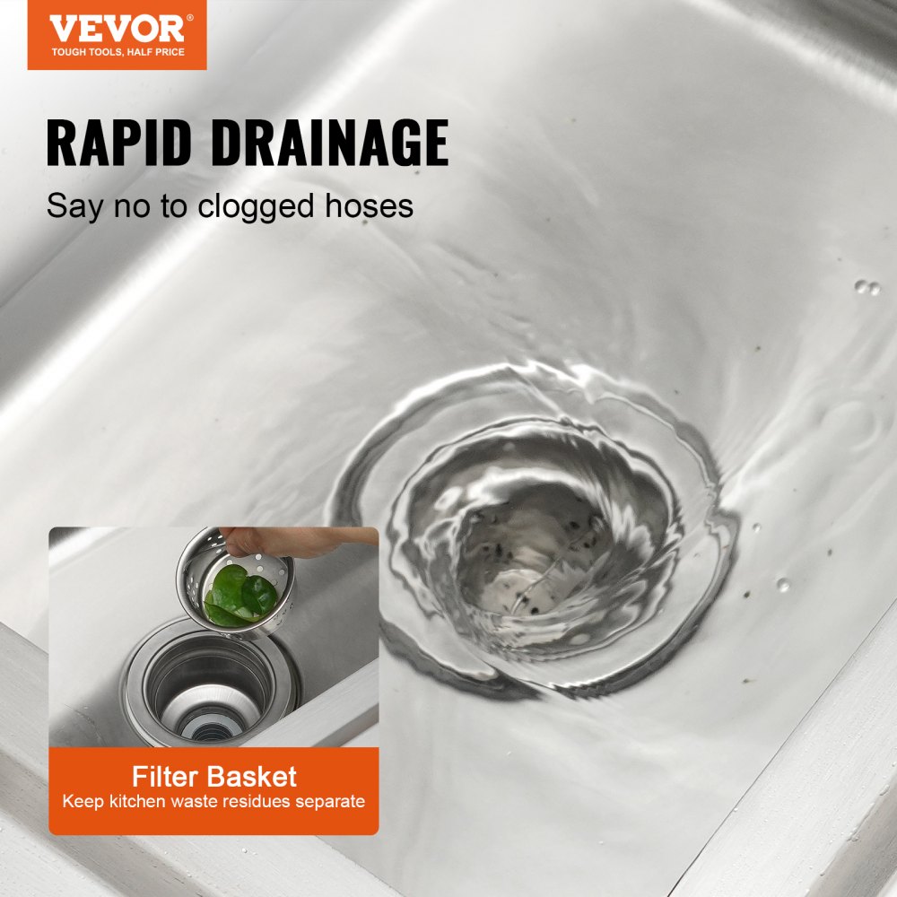 VEVOR commercial kitchen sink with rapid drainage and filter basket to prevent clogged hoses.