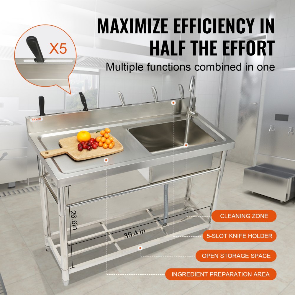 VEVOR commercial kitchen sink with 5-slot knife holder, open storage, cleaning zone, and prep area.