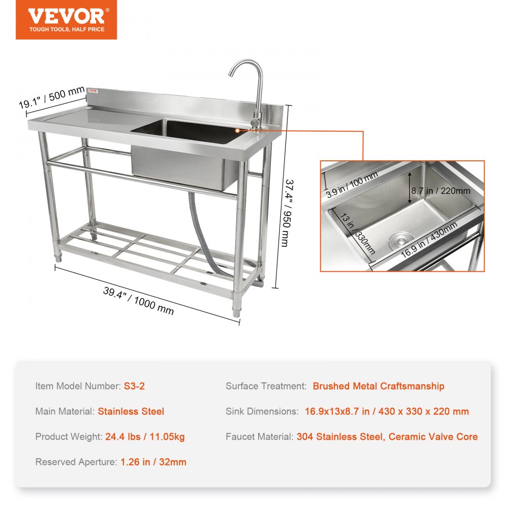 VEVOR commercial kitchen sink made of stainless steel with dimensions and specifications displayed.