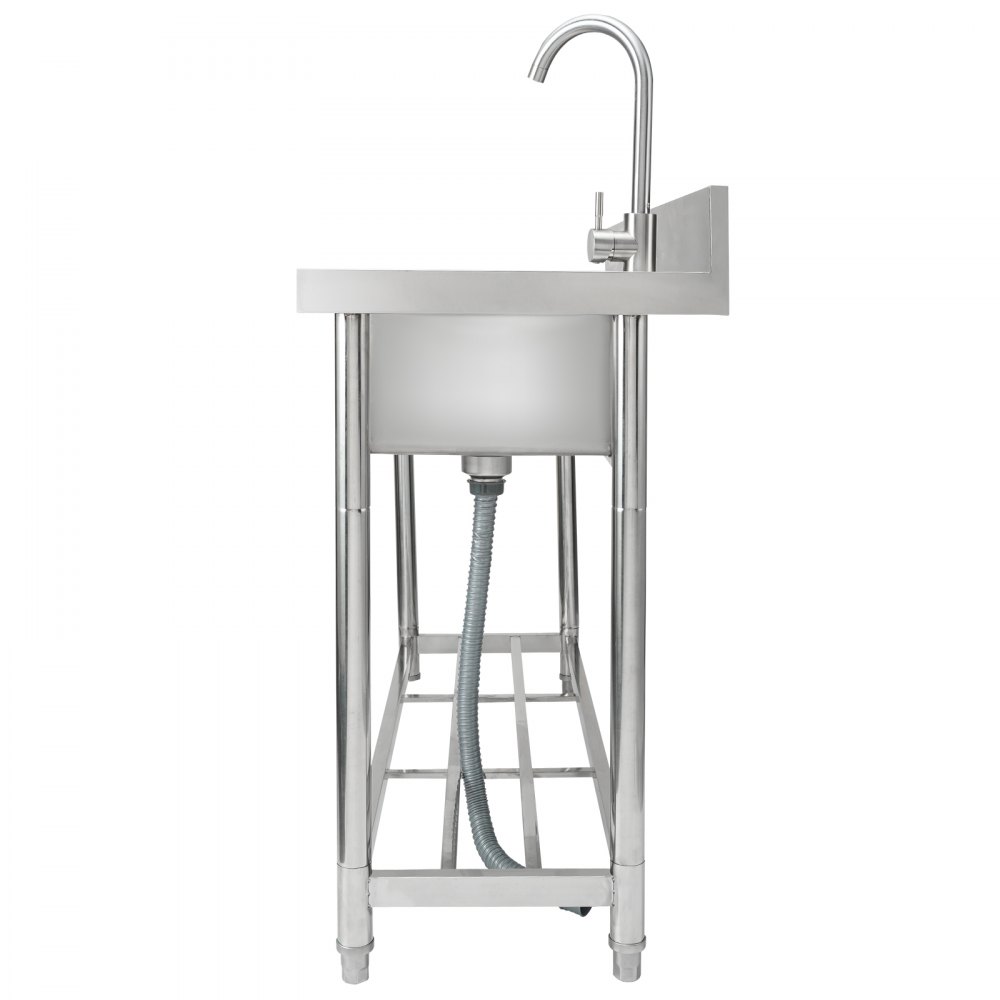stainless steel VEVOR commercial kitchen sink with a high-arch faucet and a durable open frame.