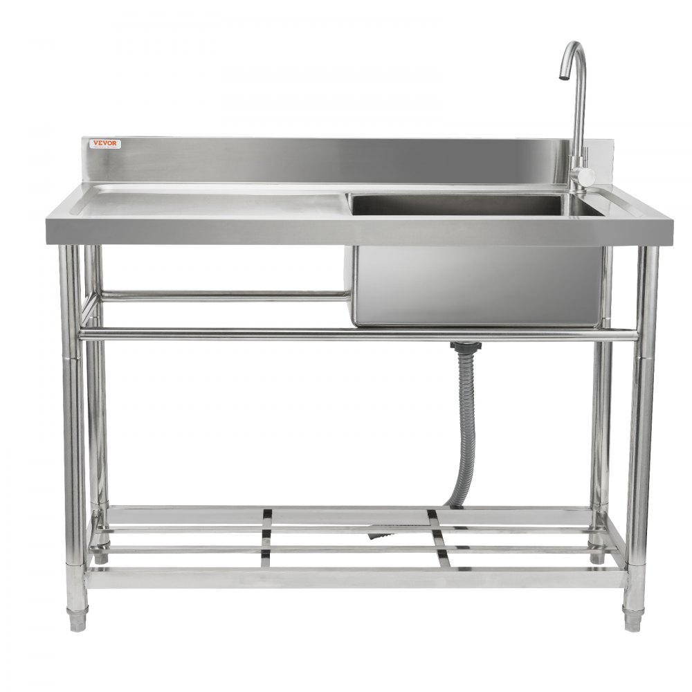 stainless steel VEVOR commercial kitchen sink with integrated faucet and under-shelf storage.