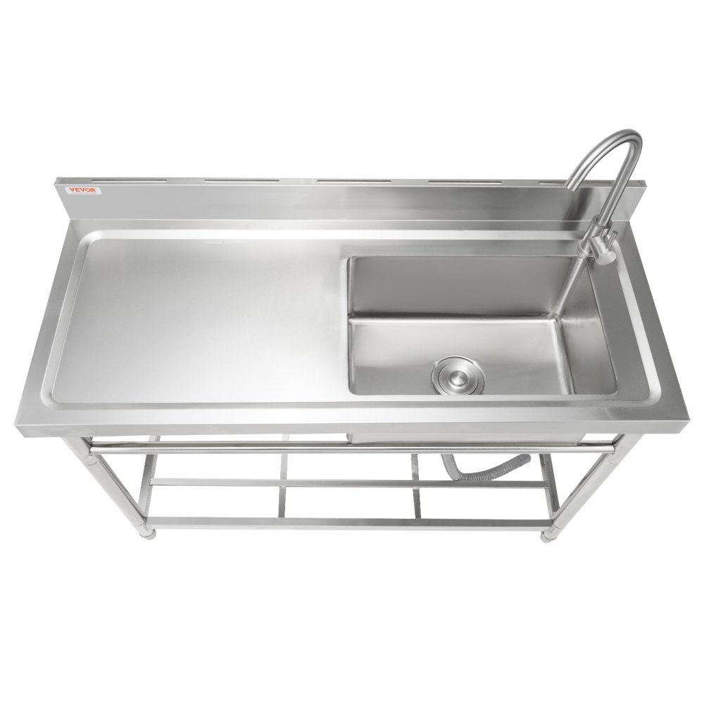 stainless steel VEVOR commercial kitchen sink with faucet and double-drainboard design.