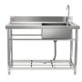 stainless steel VEVOR commercial kitchen sink with integrated faucet and under-shelf storage.