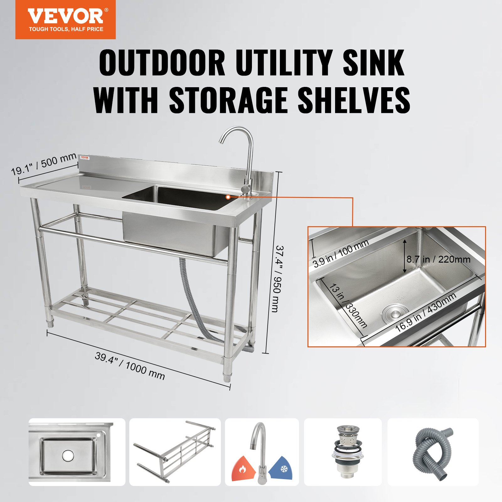 VEVOR commercial kitchen sink with storage shelves, showing dimensions and component highlights.