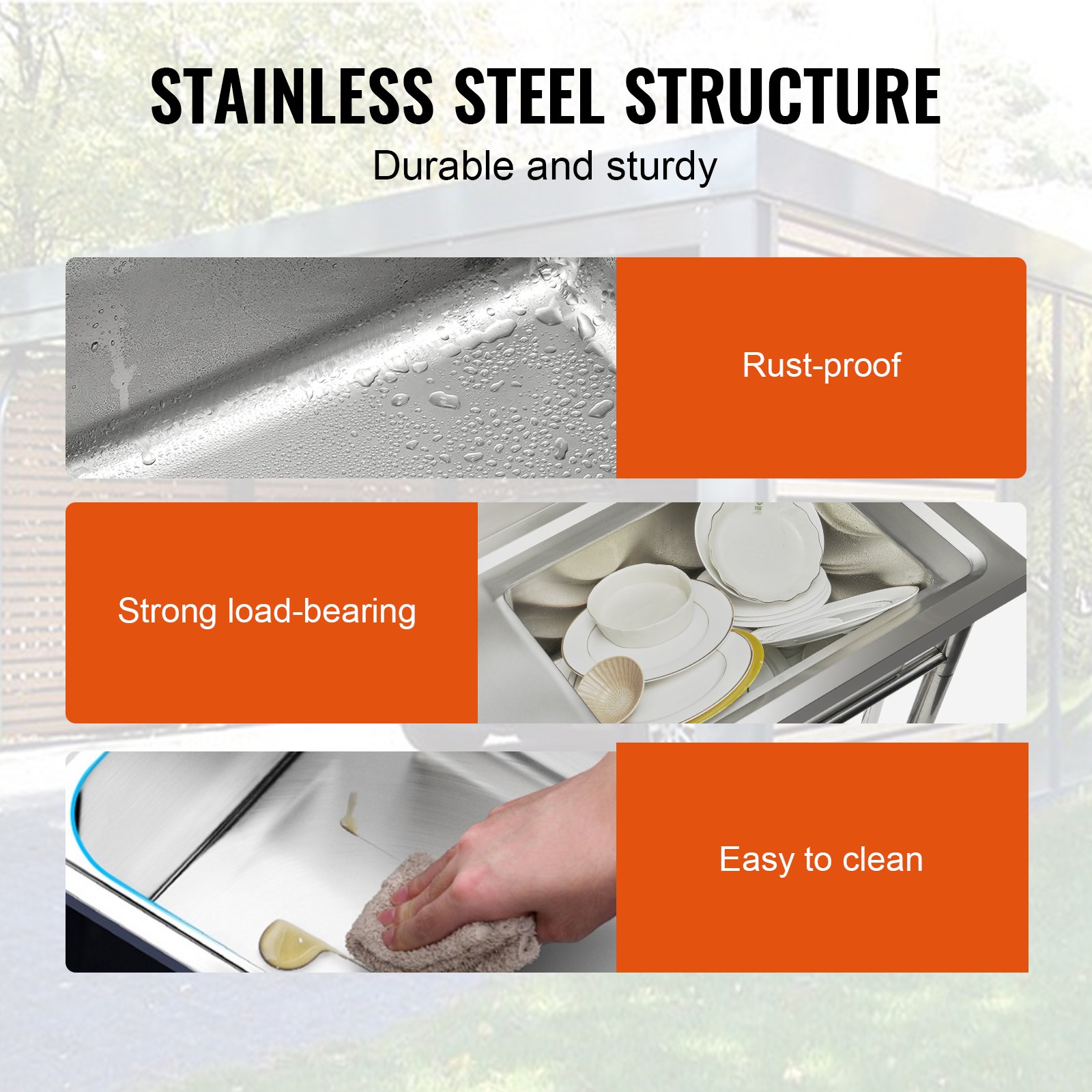 VEVOR commercial kitchen sink stainless steel structure, rust-proof, strong load-bearing, easy to clean.