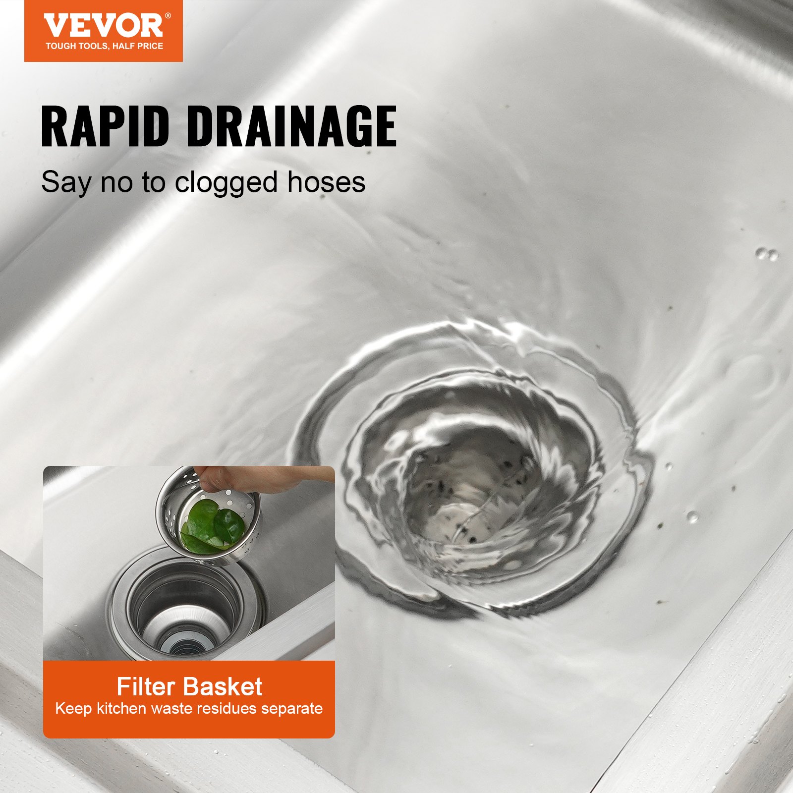VEVOR commercial kitchen sink with rapid drainage and filter basket to prevent clogged hoses.