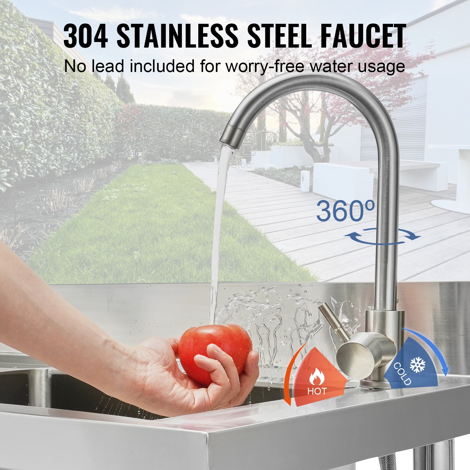 VEVOR commercial kitchen sink with 304 stainless steel faucet, washing a red tomato, hot and cold options.