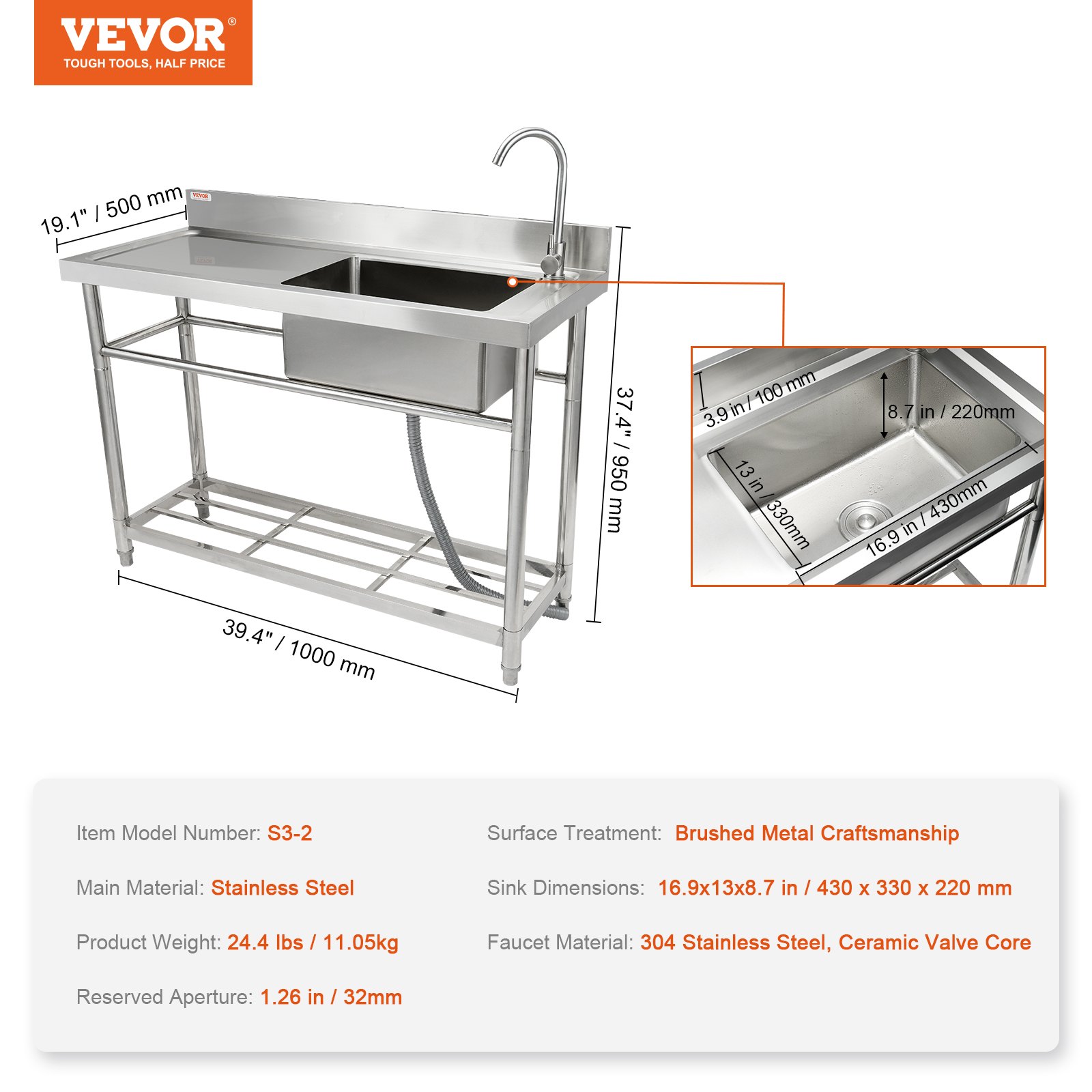 VEVOR commercial kitchen sink made of stainless steel with dimensions and specifications displayed.
