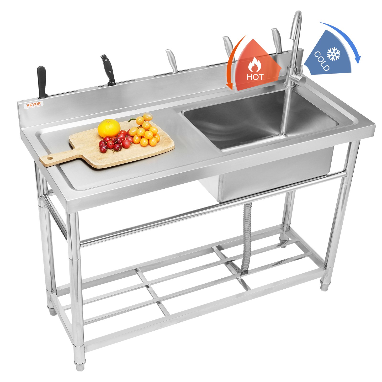 VEVOR commercial kitchen sink with faucet, cutting board, and food prep area