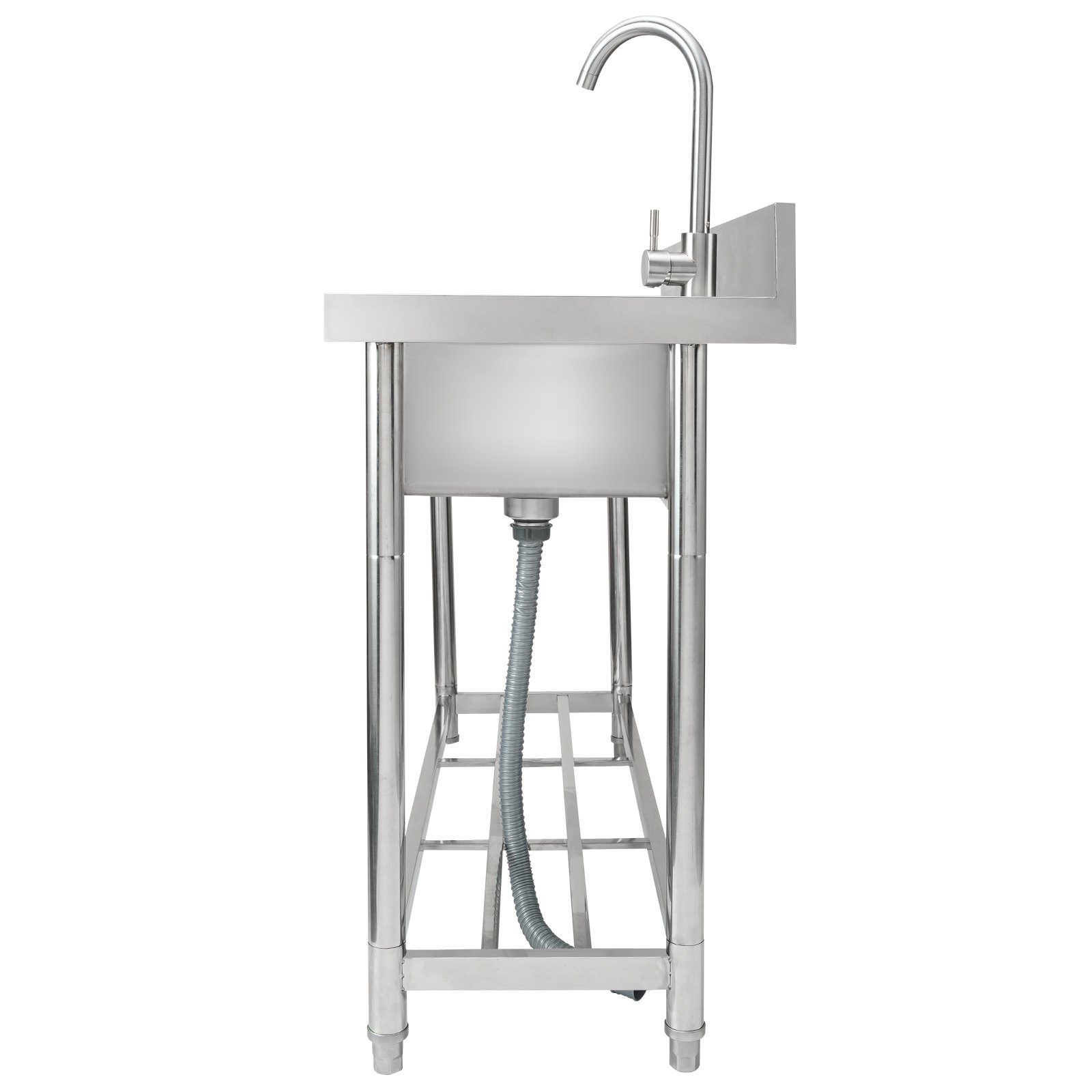stainless steel VEVOR commercial kitchen sink with a high-arch faucet and a durable open frame.