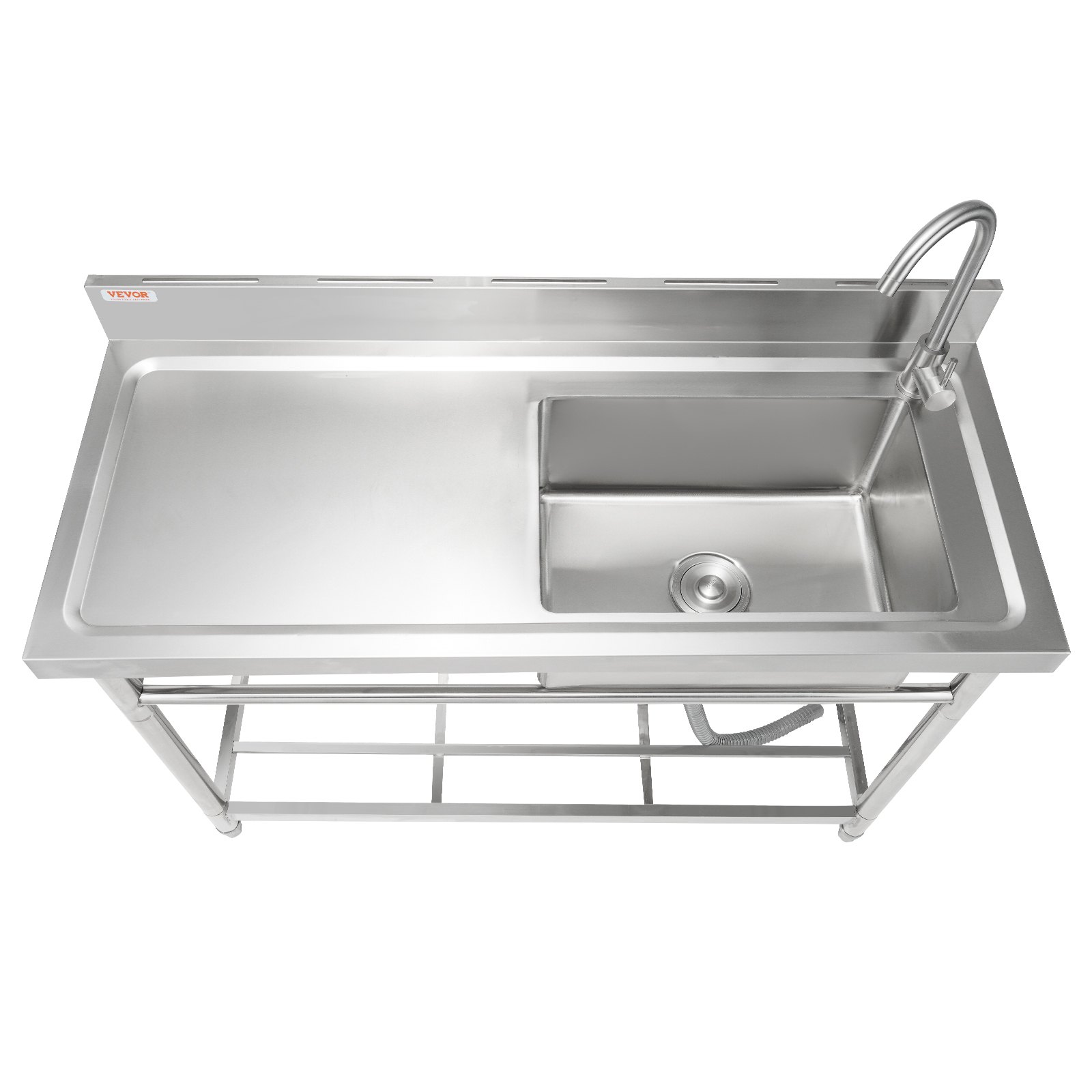 stainless steel VEVOR commercial kitchen sink with faucet and double-drainboard design.
