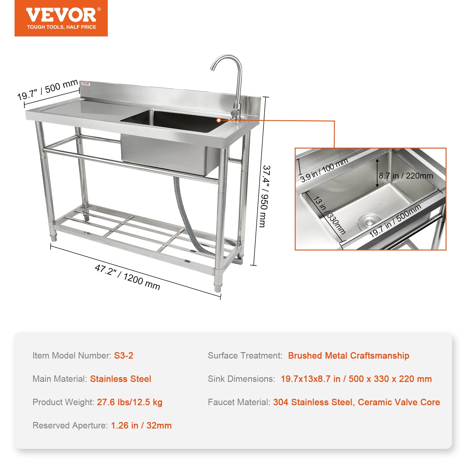VEVOR Stainless Steel Utility Sink, 1 Compartment Free Standing Small Sink w/Workbench Faucet & legs, 119.88 x 50.04 x 95 cm Commercial Single Bowl Sinks for Garage, Restaurant, Laundry, NSF Certified