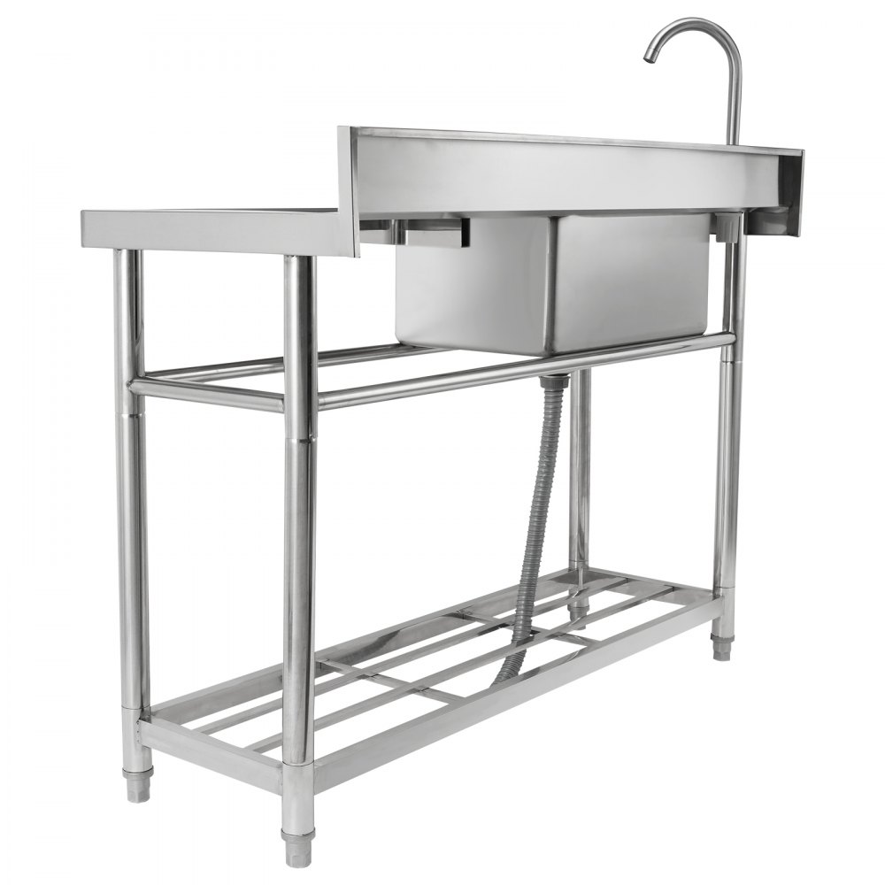 VEVOR Stainless Steel Utility Sink, Free Standing Single Bowl Commercial Kitchen Sink Set w/Workbench, 47 x 19.7 x 37.4 in Commercial Single Bowl Sinks for Garage, Restaurant, Laundry