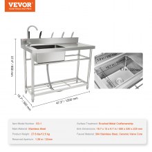 VEVOR Stainless Steel Utility Sink, Free Standing Single Bowl Commercial Kitchen Sink Set w/Workbench, 47 x 19.7 x 37.4 in Commercial Single Bowl Sinks for Garage, Restaurant, Laundry
