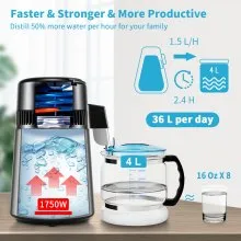 VEVOR 4L Water Distiller 1.5L/H Distilled Water Maker Timing Dual-Temp Silver