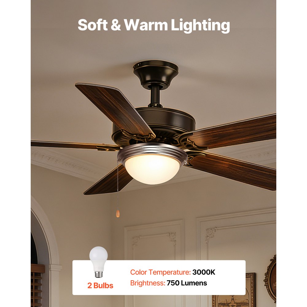 VEVOR Ceiling Fan Light Kit, 750lm 3000K Fan Light Kit with Pull Chain, 2 LED Bulbs, Modern Replacement Fixture for Living Room, Dining Room, Bedroom, Frosted Milk Glass Shade Brushed Nickel Finish